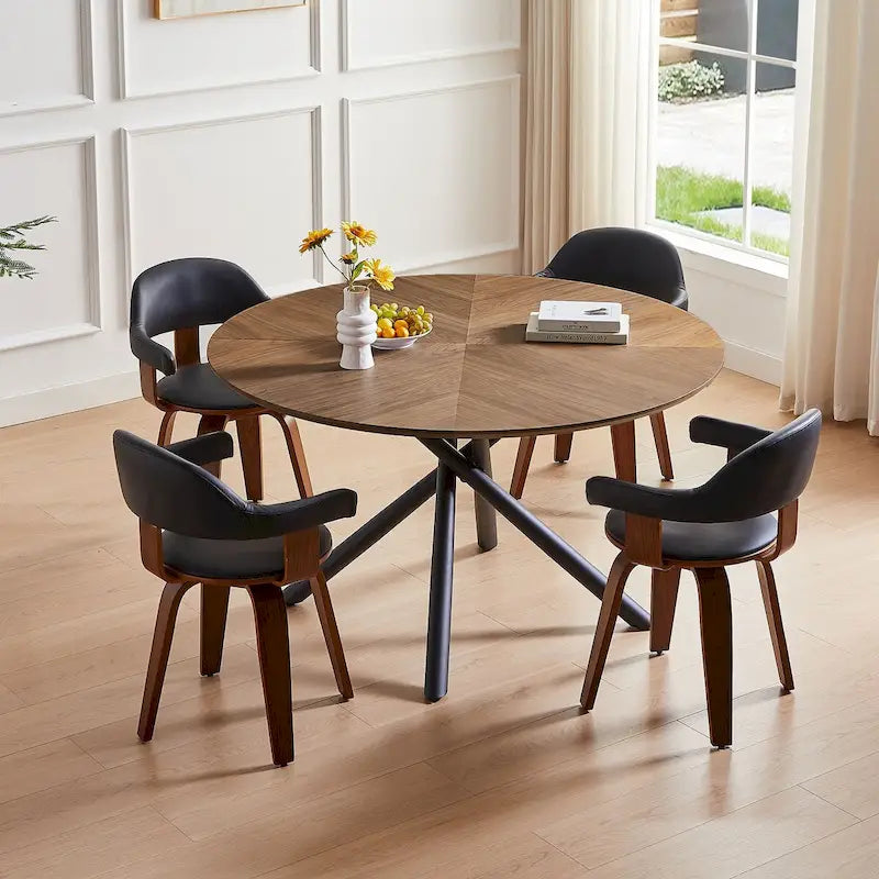 Mesa de comedor redonda de nogal negro con pata en cruz para cocina, comedor