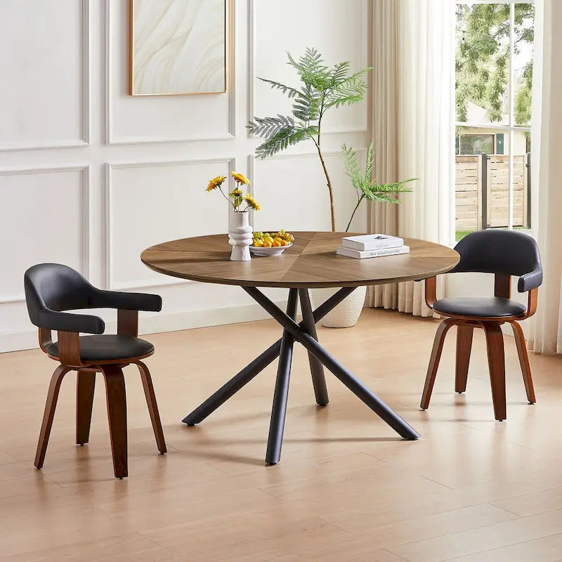Mesa de comedor redonda de nogal negro con pata en cruz para cocina, comedor