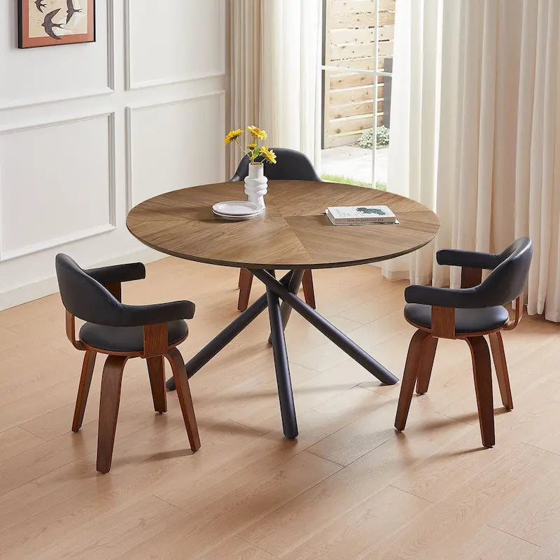 Mesa de comedor redonda de nogal negro con pata en cruz para cocina, comedor