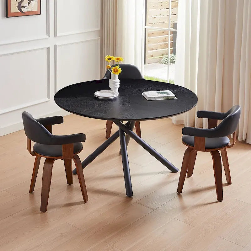 Mesa de comedor redonda de nogal negro con pata en cruz para cocina, comedor