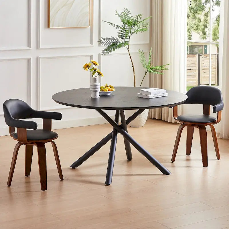 Mesa de comedor redonda de nogal negro con pata en cruz para cocina, comedor