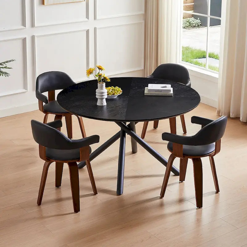Mesa de comedor redonda de nogal negro con pata en cruz para cocina, comedor
