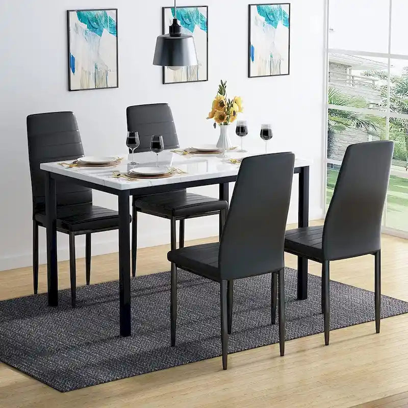Juego de comedor de estilo moderno de 5 piezas con mesa con cubierta de imitación mármol y 4 sillas tapizadas en imitación cuero