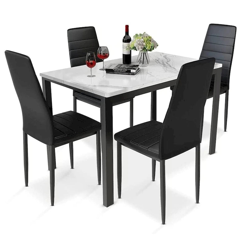 Juego de comedor de estilo moderno de 5 piezas con mesa con cubierta de imitación mármol y 4 sillas tapizadas en imitación cuero