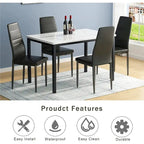 Juego de comedor de estilo moderno de 5 piezas con mesa con cubierta de imitación mármol y 4 sillas tapizadas en imitación cuero