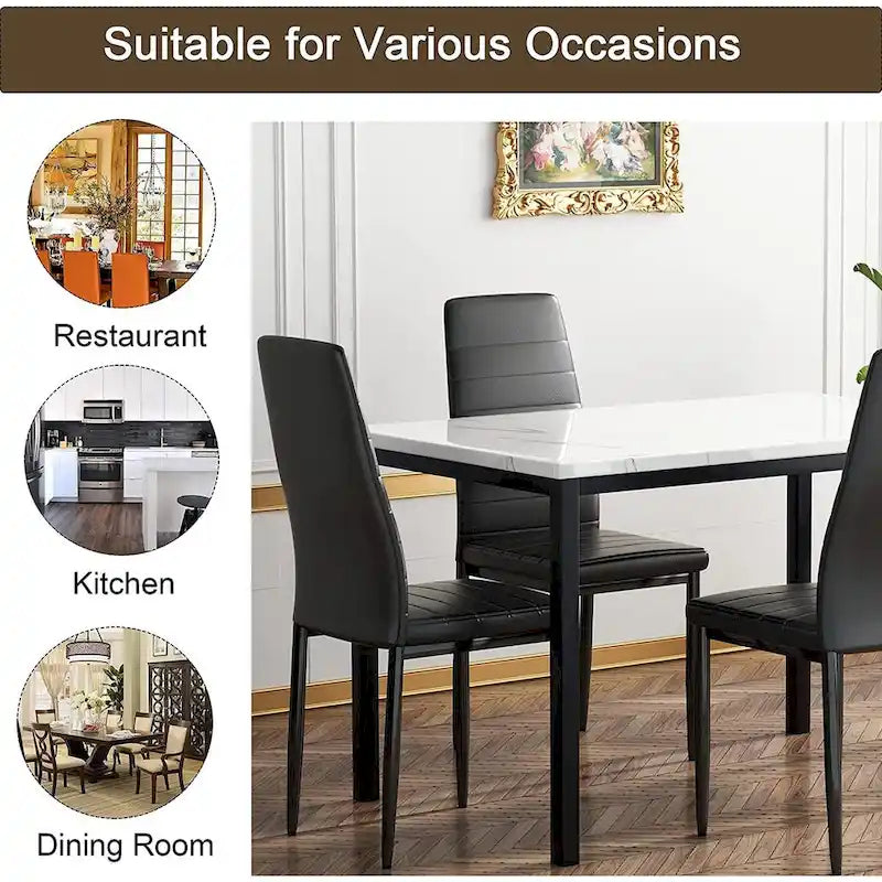 Juego de comedor de estilo moderno de 5 piezas con mesa con cubierta de imitación mármol y 4 sillas tapizadas en imitación cuero