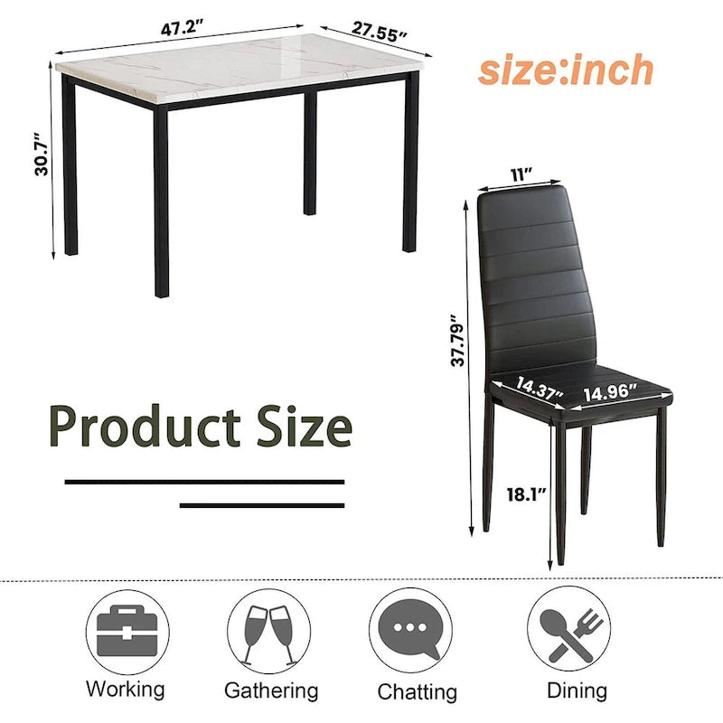 Juego de comedor de estilo moderno de 5 piezas con mesa con cubierta de imitación mármol y 4 sillas tapizadas en imitación cuero