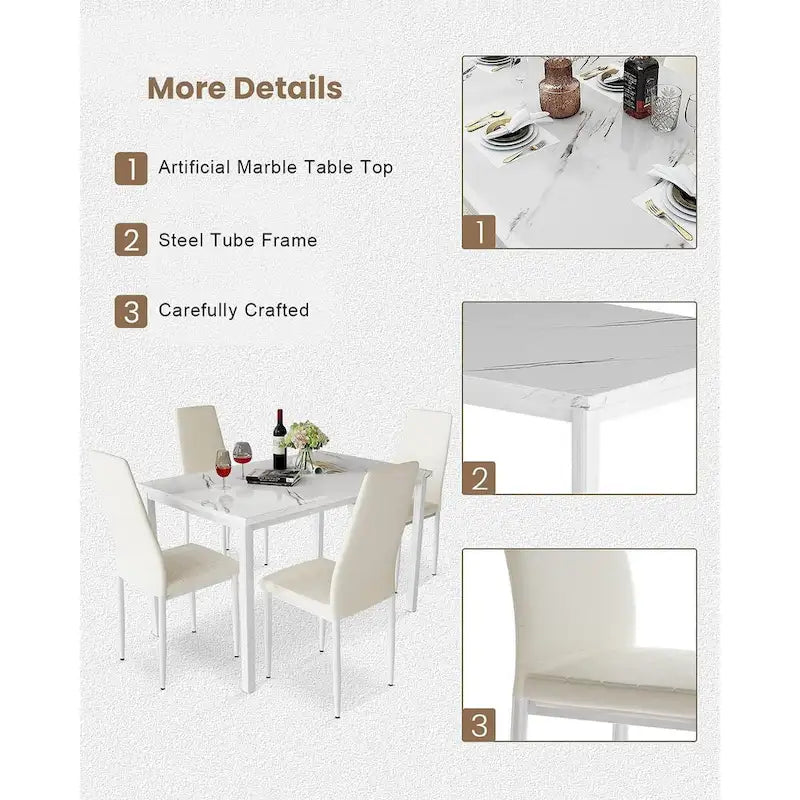Juego de comedor de estilo moderno de 5 piezas con mesa con cubierta de imitación mármol y 4 sillas tapizadas en imitación cuero