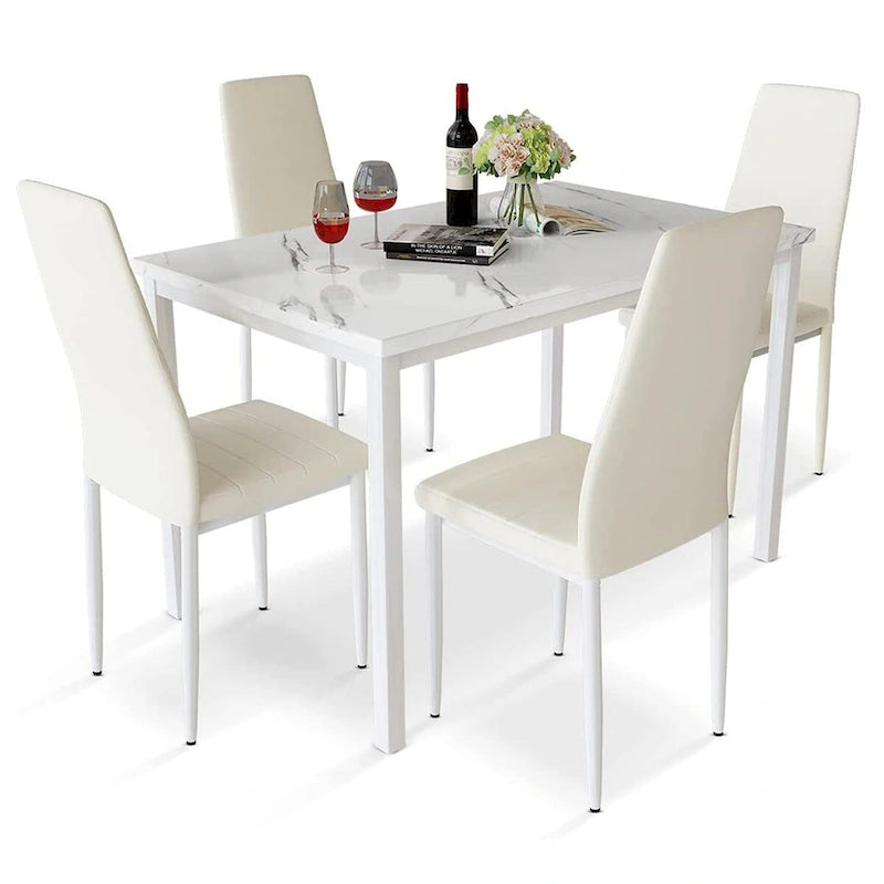 Juego de comedor de estilo moderno de 5 piezas con mesa con cubierta de imitación mármol y 4 sillas tapizadas en imitación cuero
