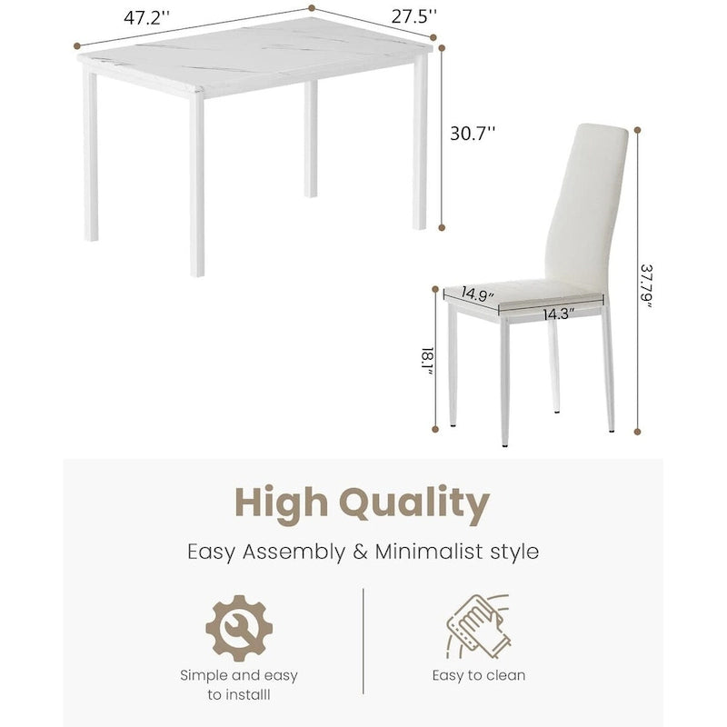 Juego de comedor de estilo moderno de 5 piezas con mesa con cubierta de imitación mármol y 4 sillas tapizadas en imitación cuero