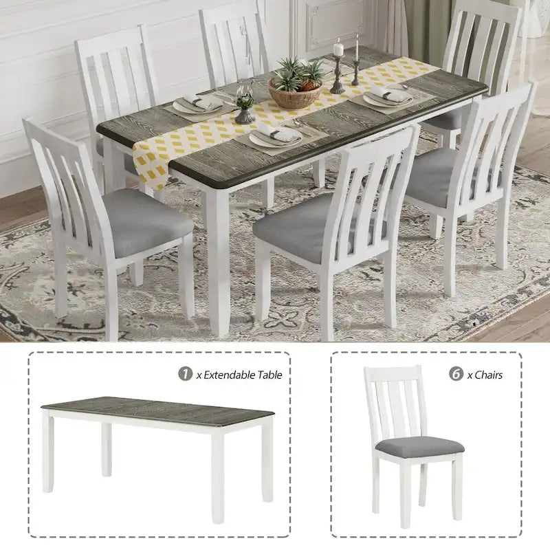 Juego de comedor de 7 piezas estilo retro con mesa extensible y 6 sillas tapizadas