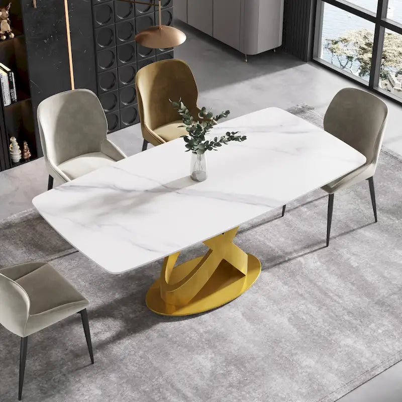 Mesa de comedor de 70.8 pulgadas, mesa de comedor moderna para 8 personas, piedra sinterizada blanca antigua con pedestal dorado de acero inoxidable