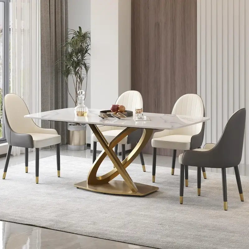Mesa de comedor de 70.8 pulgadas, mesa de comedor moderna para 8 personas, piedra sinterizada blanca antigua con pedestal dorado de acero inoxidable