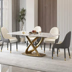 Mesa de comedor de 70.8 pulgadas, mesa de comedor moderna para 8 personas, piedra sinterizada blanca antigua con pedestal dorado de acero inoxidable