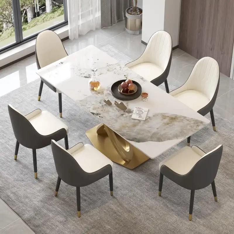 Mesa de comedor de 70.8 pulgadas, mesa de comedor moderna para 8 personas, piedra sinterizada blanca antigua con pedestal dorado de acero inoxidable