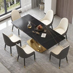 Mesa de comedor de 70.8 pulgadas, mesa de comedor moderna para 8 personas, piedra sinterizada blanca antigua con pedestal dorado de acero inoxidable