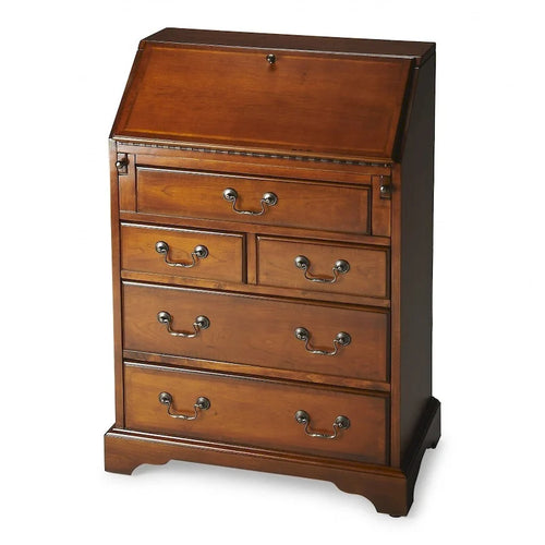 Escritorio secretario de madera de caucho marrón con cinco cajones - 26