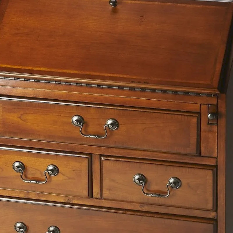 Escritorio secretario de madera de caucho marrón con cinco cajones - 26
