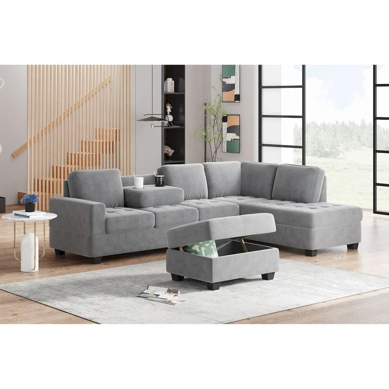 Sofá seccional moderno en forma de L de 112 pulgadas con chaise reversible y otomana de almacenamiento