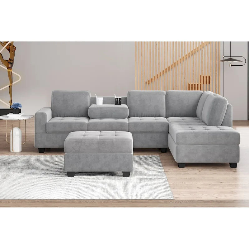 Sofá seccional moderno en forma de L de 112 pulgadas con chaise reversible y otomana de almacenamiento