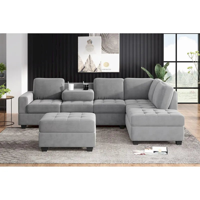 Sofá seccional moderno en forma de L de 112 pulgadas con chaise reversible y otomana de almacenamiento