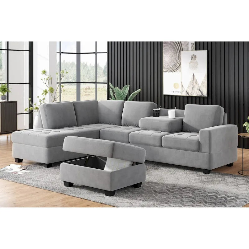 Sofá seccional moderno en forma de L de 112 pulgadas con chaise reversible y otomana de almacenamiento