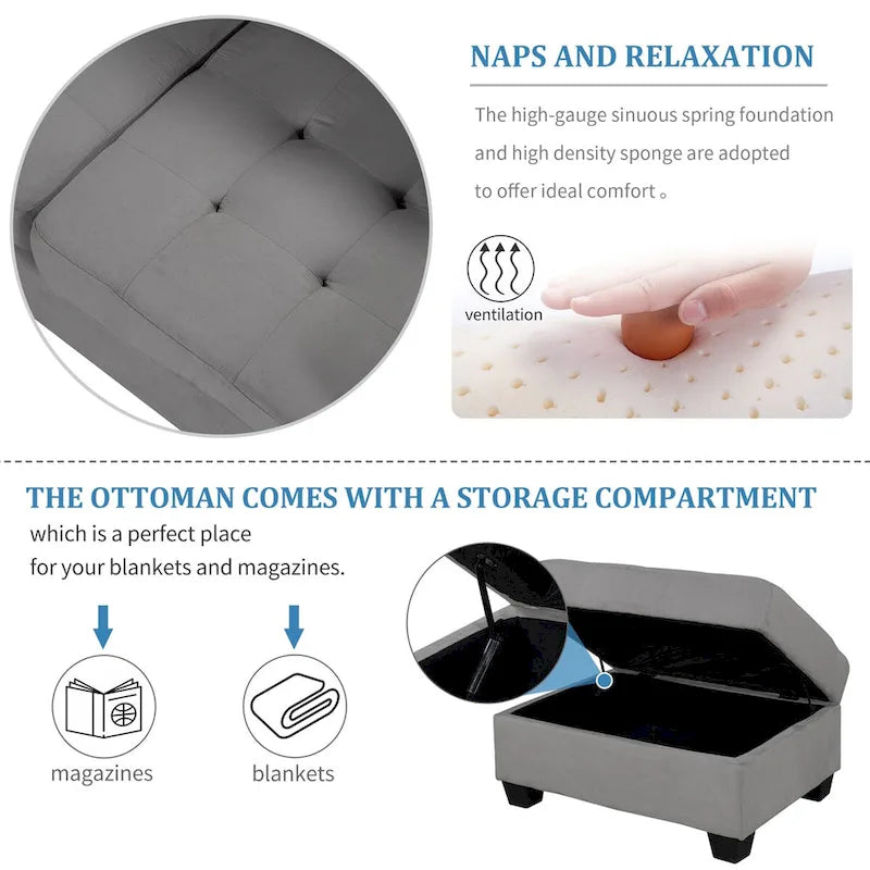 Sofá seccional moderno en forma de L de 112 pulgadas con chaise reversible y otomana de almacenamiento