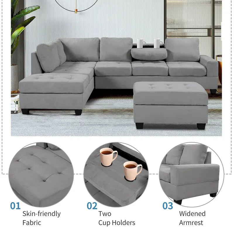 Sofá seccional moderno en forma de L de 112 pulgadas con chaise reversible y otomana de almacenamiento