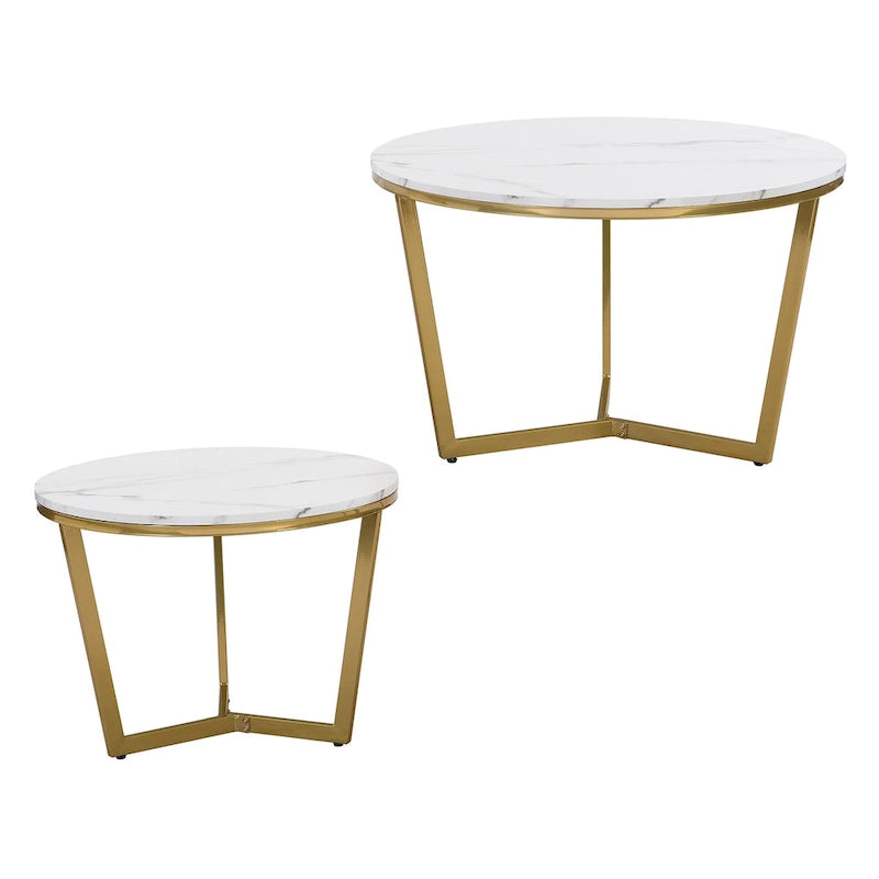 Mesa de centro nido redonda moderna de 2 piezas, tapa blanca y jaspeada, base dorada