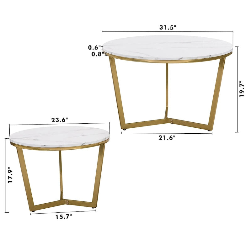 Mesa de centro nido redonda moderna de 2 piezas, tapa blanca y jaspeada, base dorada