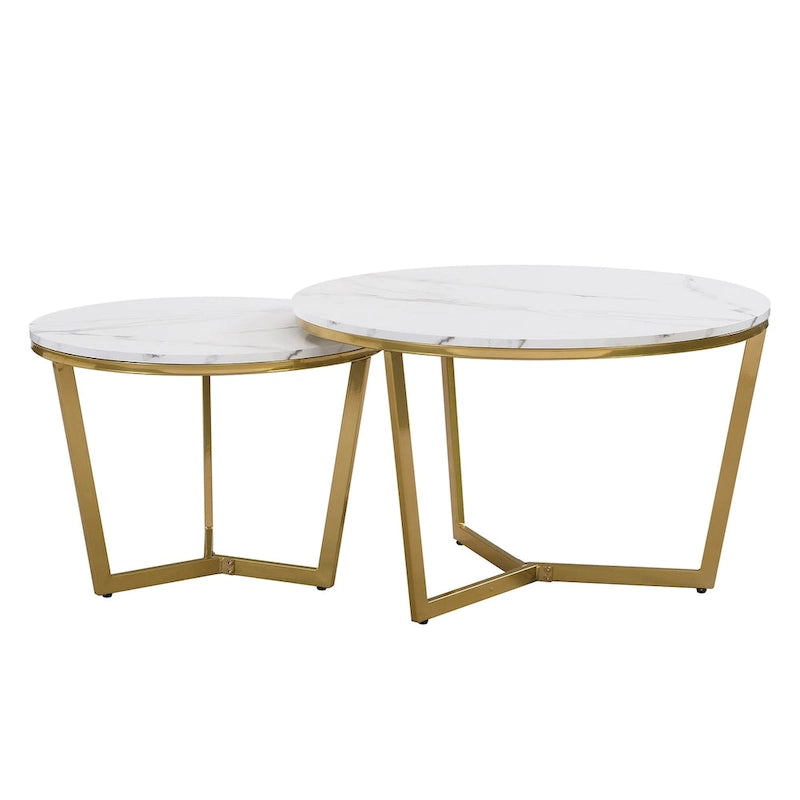 Mesa de centro nido redonda moderna de 2 piezas, tapa blanca y jaspeada, base dorada