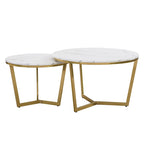 Mesa de centro nido redonda moderna de 2 piezas, tapa blanca y jaspeada, base dorada