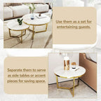Mesa de centro nido redonda moderna de 2 piezas, tapa blanca y jaspeada, base dorada