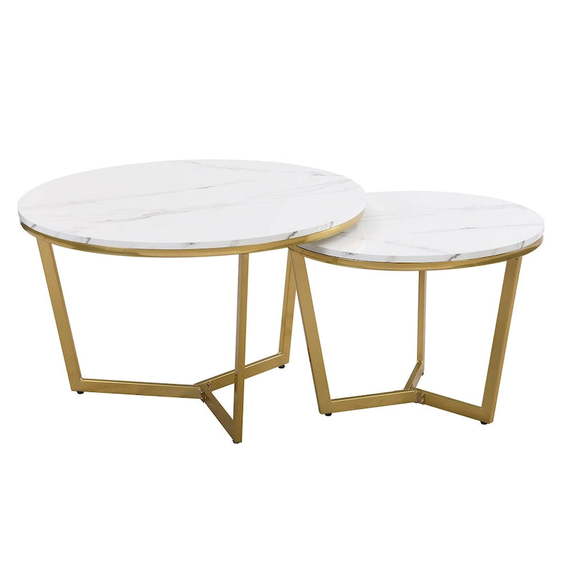 Mesa de centro nido redonda moderna de 2 piezas, tapa blanca y jaspeada, base dorada