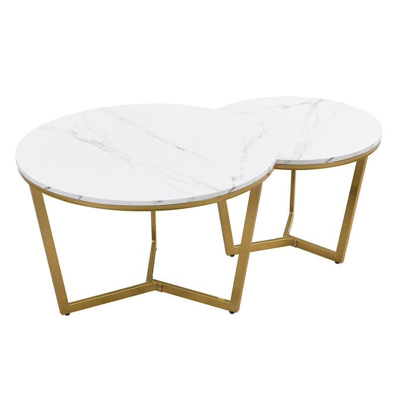 Mesa de centro nido redonda moderna de 2 piezas, tapa blanca y jaspeada, base dorada