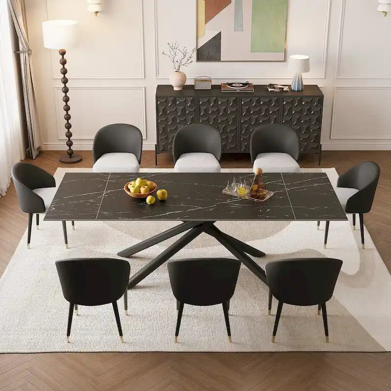 Juego de comedor rectangular extensible de piedra sinterizada con patas cruzadas de 9 piezas con 8 sillas para el hogar o la villa