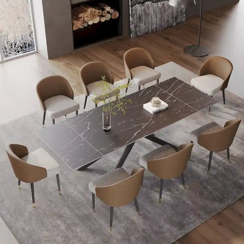 Juego de comedor rectangular extensible de piedra sinterizada con patas cruzadas de 9 piezas con 8 sillas para el hogar o la villa