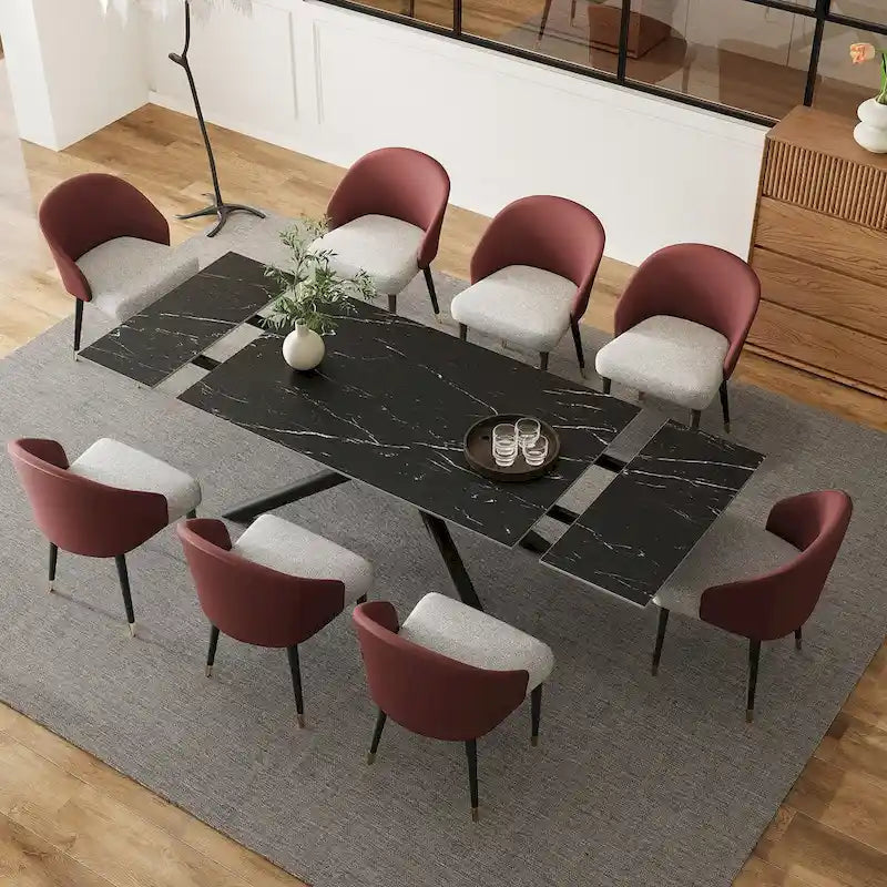 Juego de comedor rectangular extensible de piedra sinterizada con patas cruzadas de 9 piezas con 8 sillas para el hogar o la villa