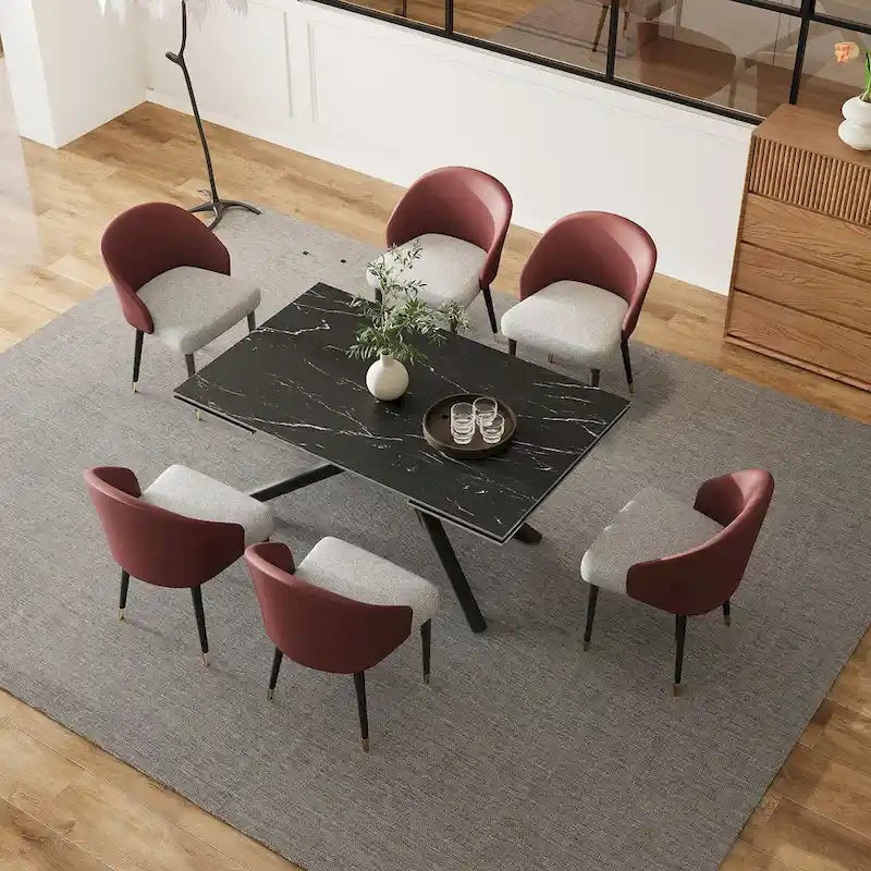 Juego de comedor rectangular extensible de piedra sinterizada con patas cruzadas de 9 piezas con 8 sillas para el hogar o la villa