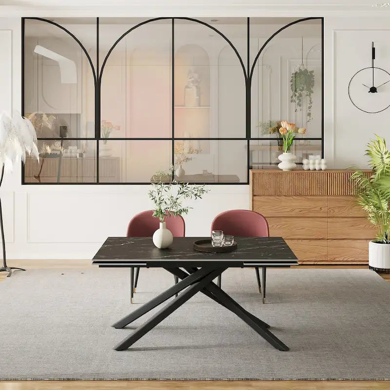 Juego de comedor rectangular extensible de piedra sinterizada con patas cruzadas de 9 piezas con 8 sillas para el hogar o la villa
