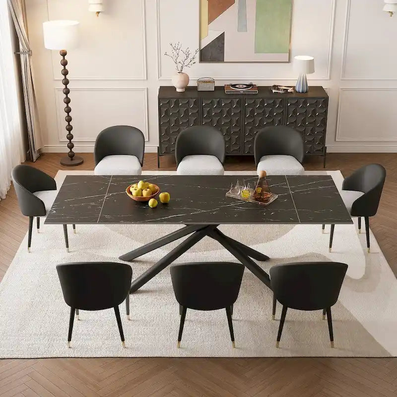 Juego de comedor rectangular extensible de piedra sinterizada con patas cruzadas de 9 piezas con 8 sillas para el hogar o la villa