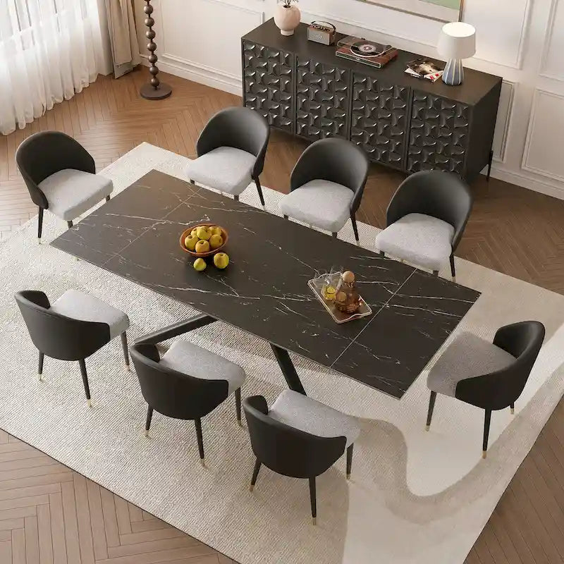 Juego de comedor rectangular extensible de piedra sinterizada con patas cruzadas de 9 piezas con 8 sillas para el hogar o la villa