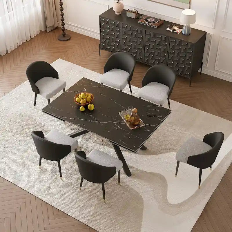 Juego de comedor rectangular extensible de piedra sinterizada con patas cruzadas de 9 piezas con 8 sillas para el hogar o la villa