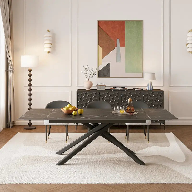 Juego de comedor rectangular extensible de piedra sinterizada con patas cruzadas de 9 piezas con 8 sillas para el hogar o la villa