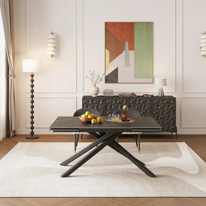 Juego de comedor rectangular extensible de piedra sinterizada con patas cruzadas de 9 piezas con 8 sillas para el hogar o la villa