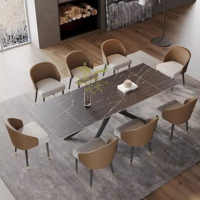 Juego de comedor rectangular extensible de piedra sinterizada con patas cruzadas de 9 piezas con 8 sillas para el hogar o la villa