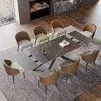 Juego de comedor rectangular extensible de piedra sinterizada con patas cruzadas de 9 piezas con 8 sillas para el hogar o la villa