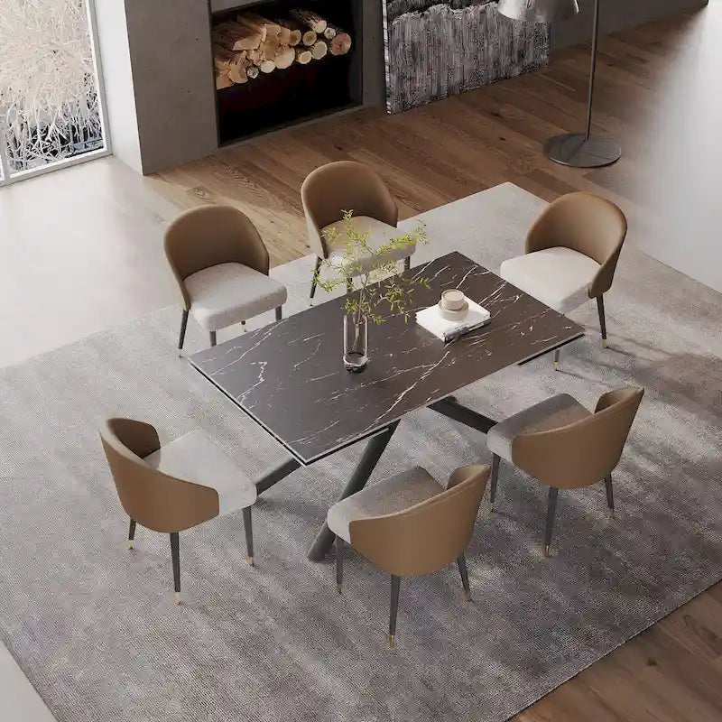 Juego de comedor rectangular extensible de piedra sinterizada con patas cruzadas de 9 piezas con 8 sillas para el hogar o la villa