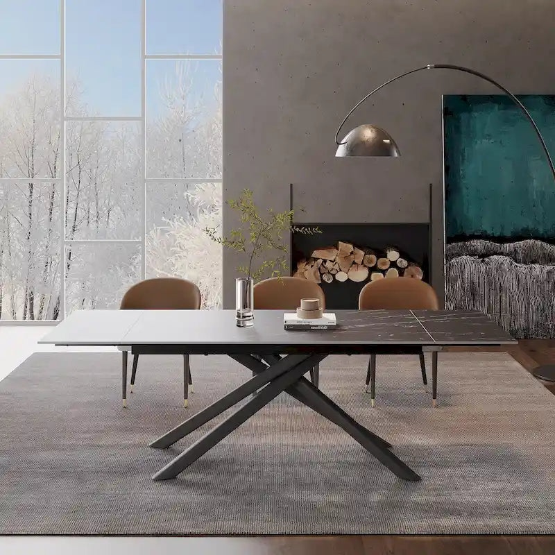 Juego de comedor rectangular extensible de piedra sinterizada con patas cruzadas de 9 piezas con 8 sillas para el hogar o la villa