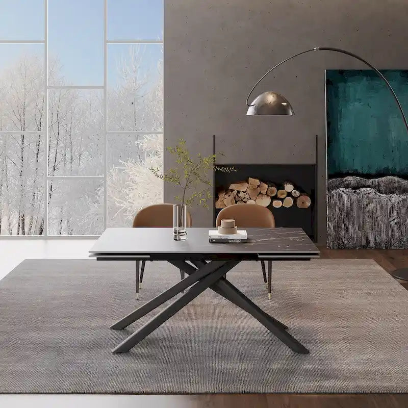 Juego de comedor rectangular extensible de piedra sinterizada con patas cruzadas de 9 piezas con 8 sillas para el hogar o la villa